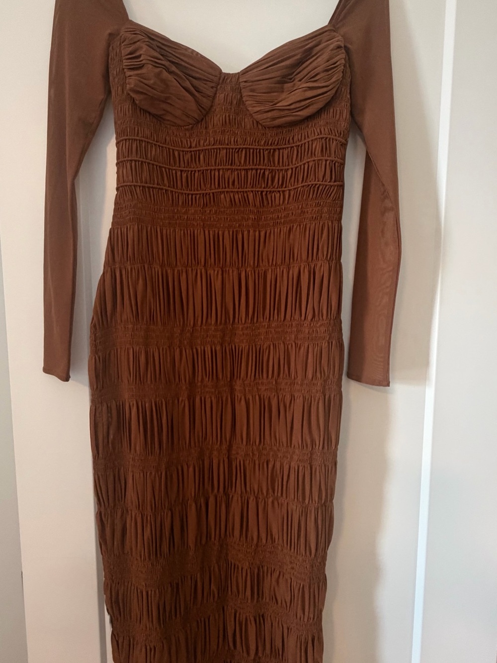Self-Portrait Sheer-Sleeve Ruched Midi Dress Size 2 - Picture 3 of 5